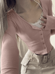 Pydshop Lace Patchwork Pink Knit Crop Top