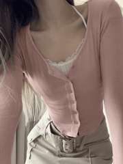 Pydshop Lace Patchwork Pink Knit Crop Top