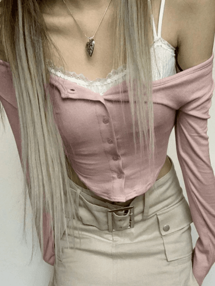 Pydshop Lace Patchwork Pink Knit Crop Top