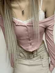 Pydshop Lace Patchwork Pink Knit Crop Top