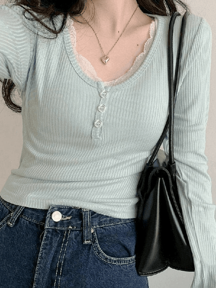 Pydshop Lace Trim Knit Long Sleeve Crop Top
