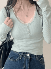 Pydshop Lace Trim Knit Long Sleeve Crop Top
