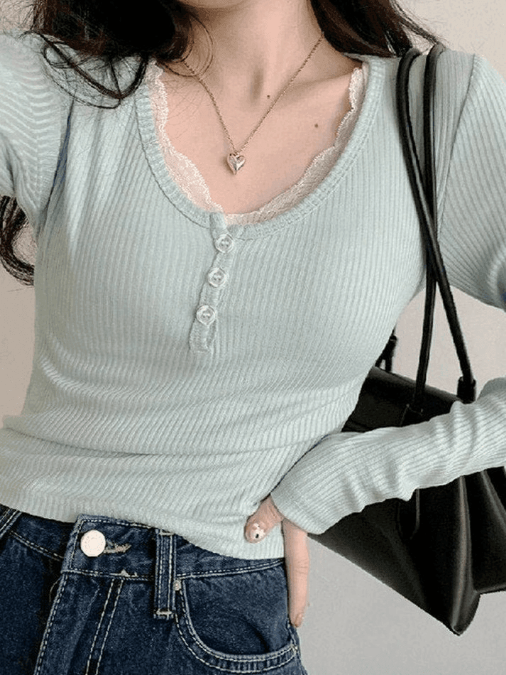 Pydshop Lace Trim Knit Long Sleeve Crop Top
