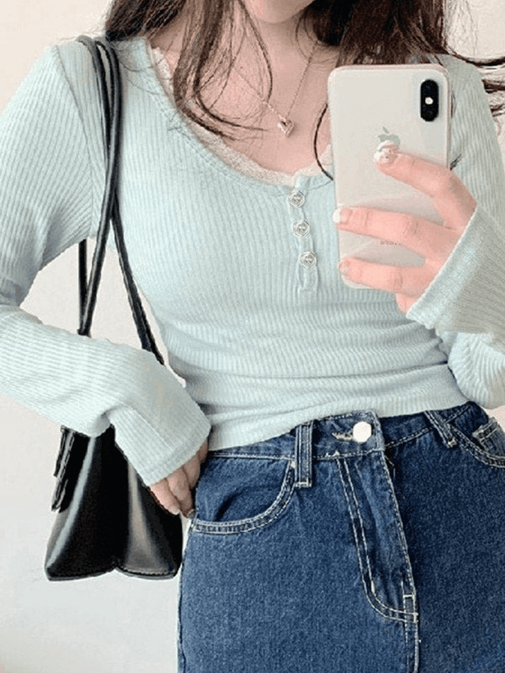 Pydshop Lace Trim Knit Long Sleeve Crop Top
