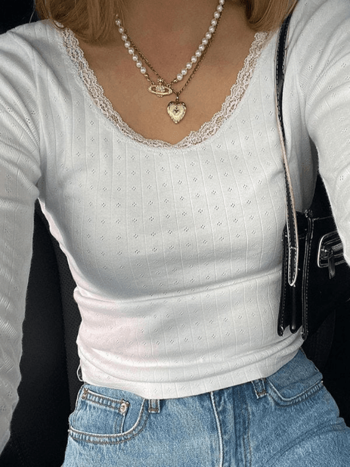 Pydshop Lace Trim White Knit Top