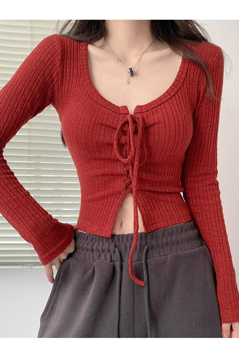 Pydshop Christmas Thanksg Gifts Fall Lace Up Crop Top Sweater