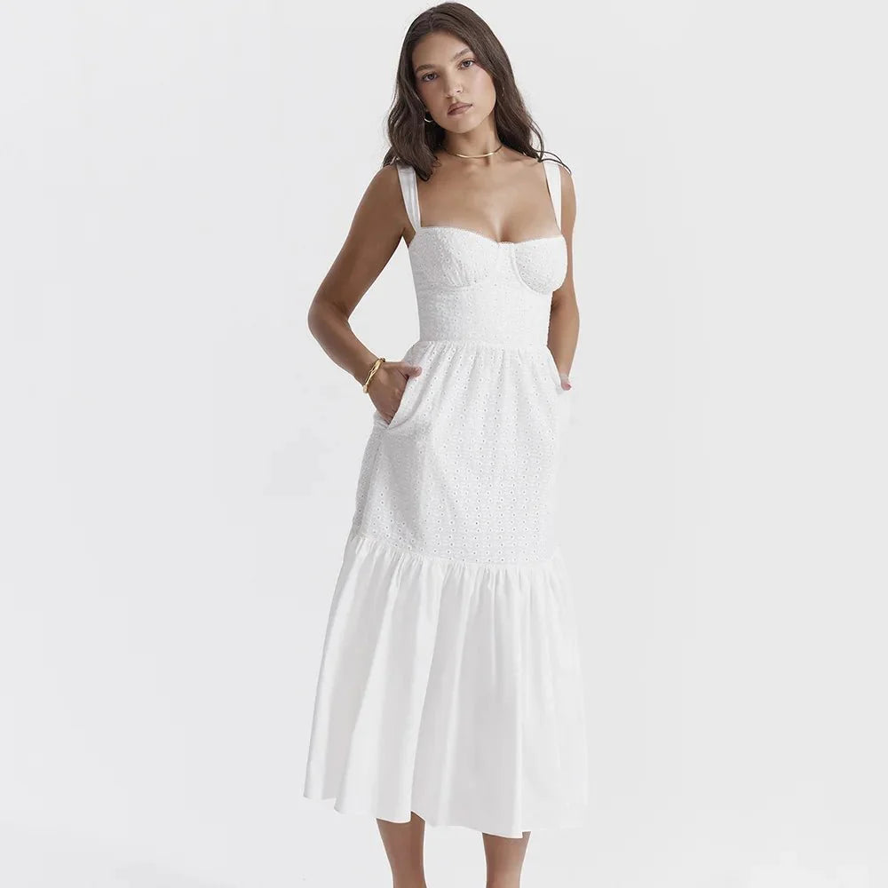 Linen-cotton Blend Jacquard Midi Vacation Dress