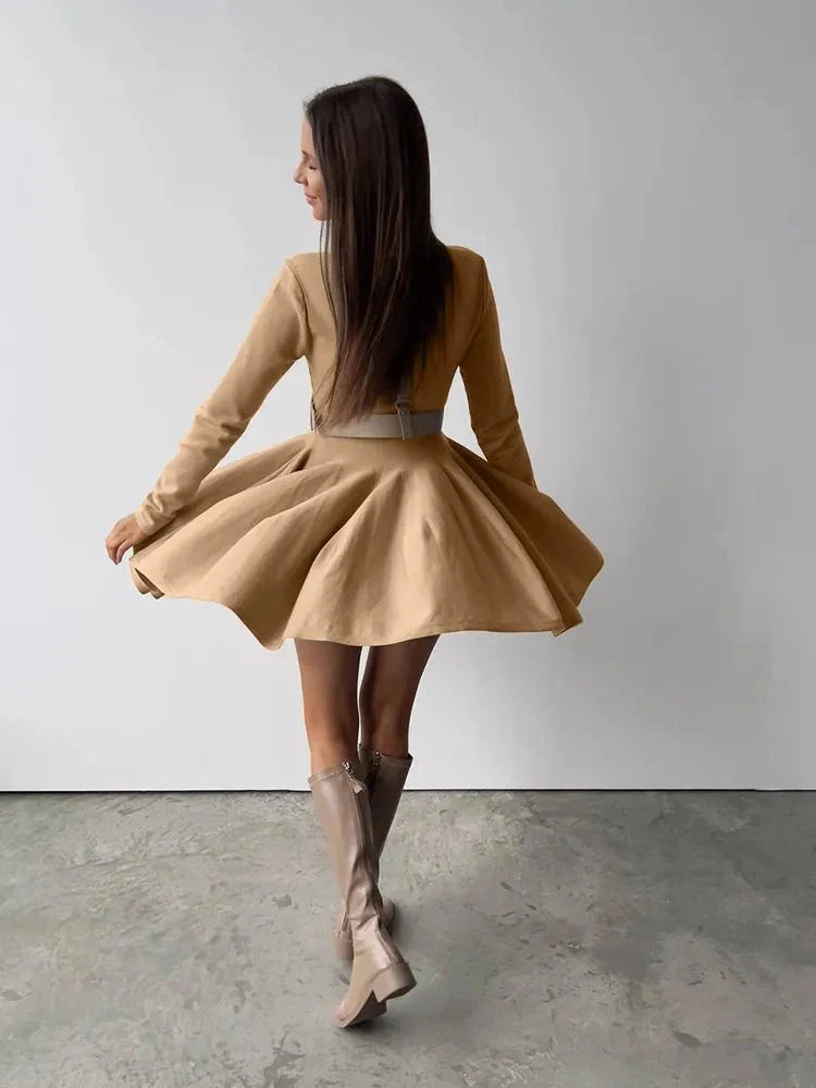 Long Sleeve Mini Pleated Knitted Dress