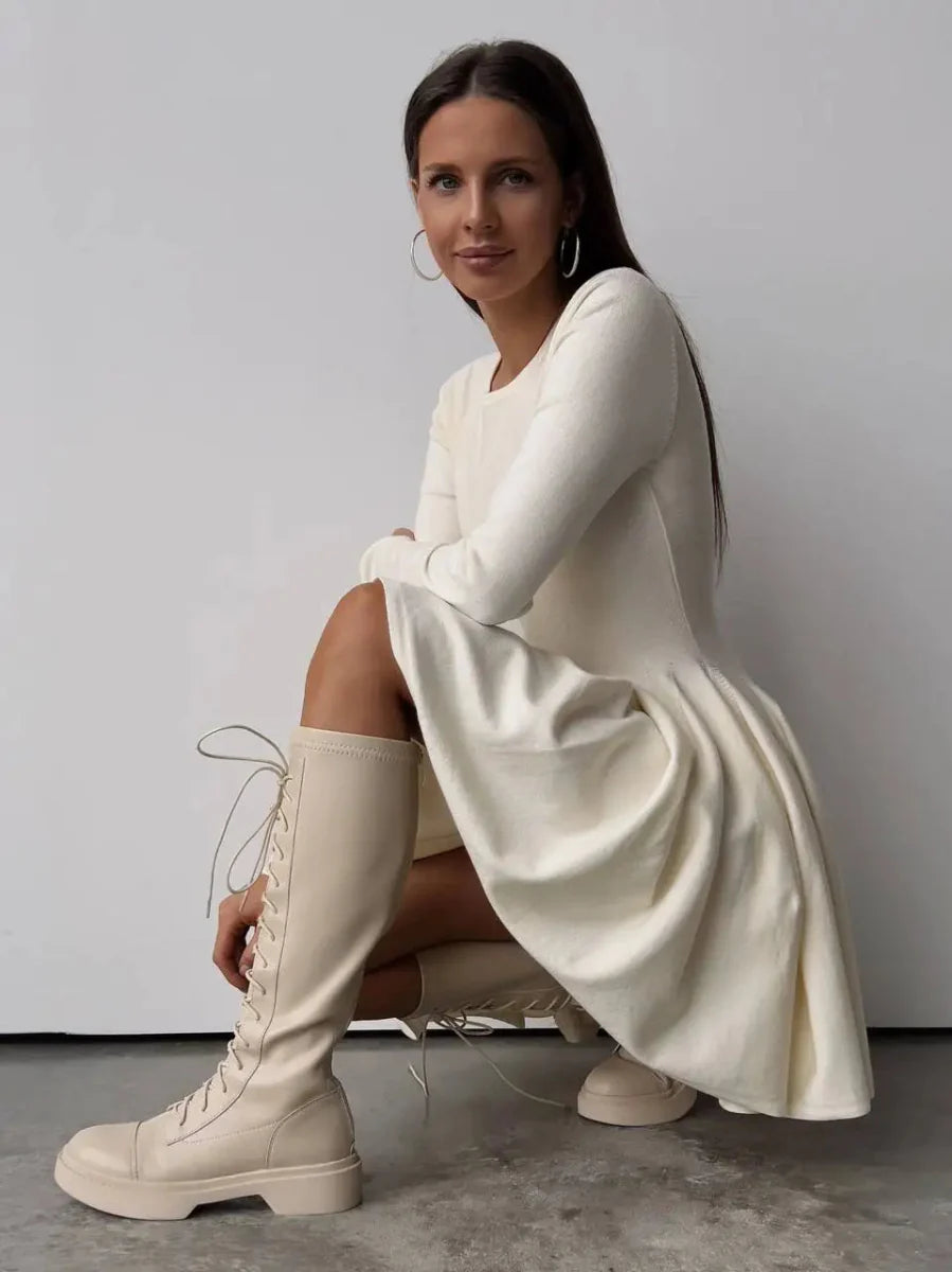 Long Sleeve Mini Pleated Knitted Dress