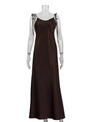 Loose Brown Satin Sleeveless Dress