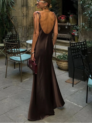 Loose Brown Satin Sleeveless Dress