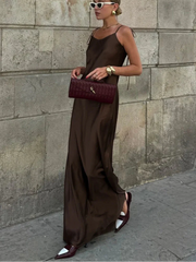 Loose Brown Satin Sleeveless Dress