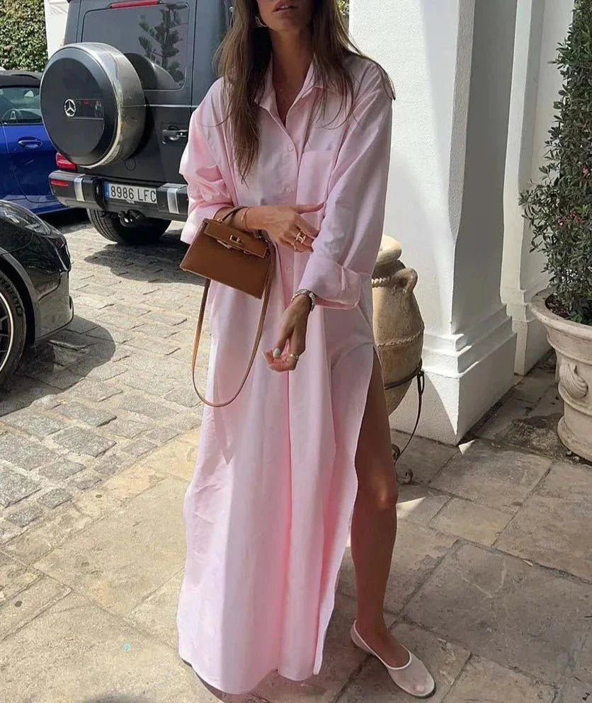 Pink Loose Casual Pockets Shirt Dress
