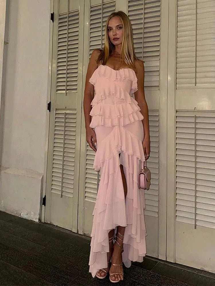 Pink Strapless Ruffle Maxi dresses