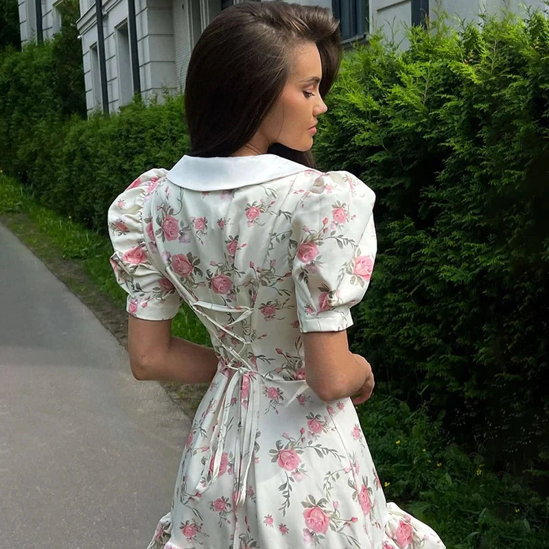 Printed Puff Sleeve Ruffle Mini Dress