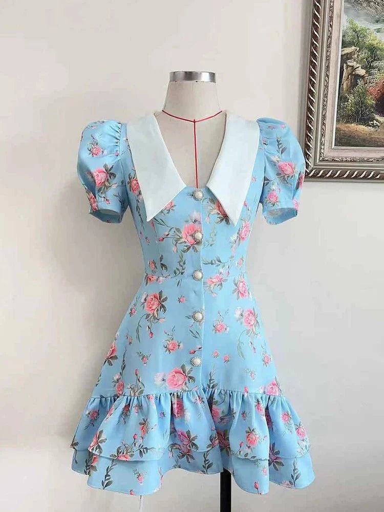 Printed Puff Sleeve Ruffle Mini Dress