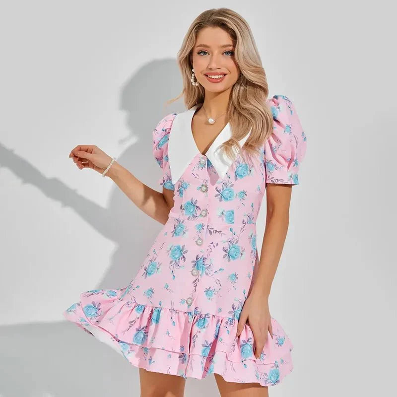 Printed Puff Sleeve Ruffle Mini Dress