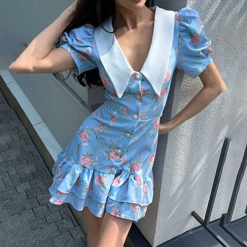 Printed Puff Sleeve Ruffle Mini Dress