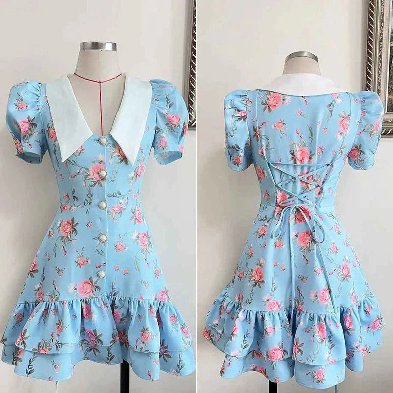 Printed Puff Sleeve Ruffle Mini Dress