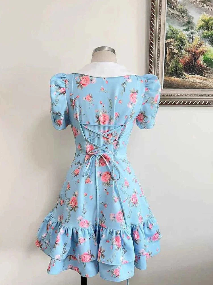Printed Puff Sleeve Ruffle Mini Dress