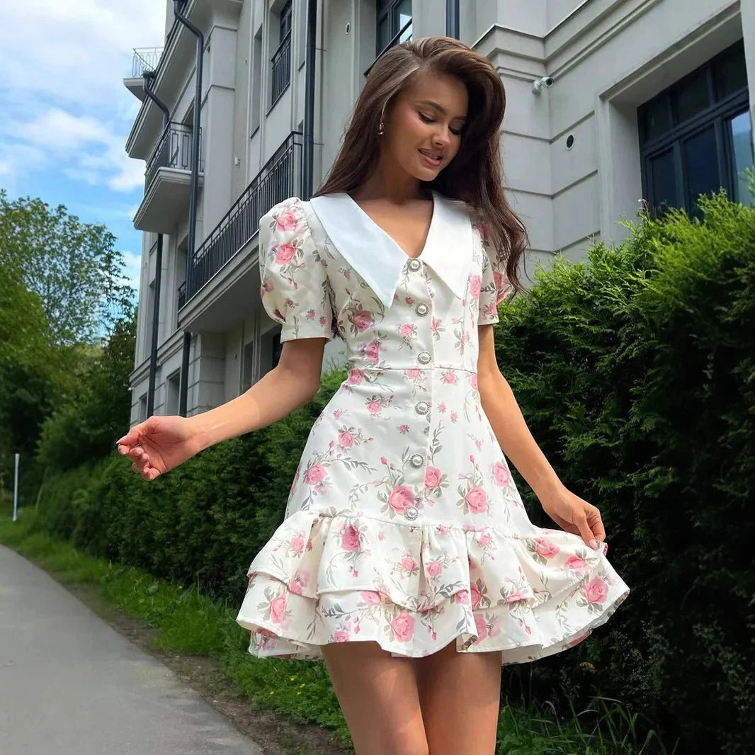 Printed Puff Sleeve Ruffle Mini Dress