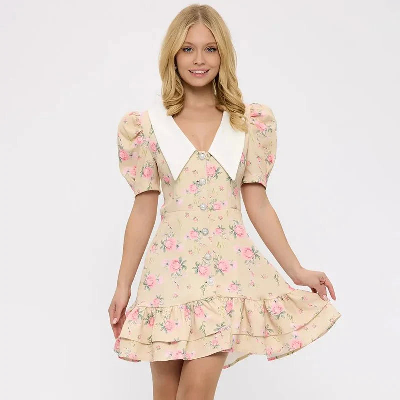 Printed Puff Sleeve Ruffle Mini Dress