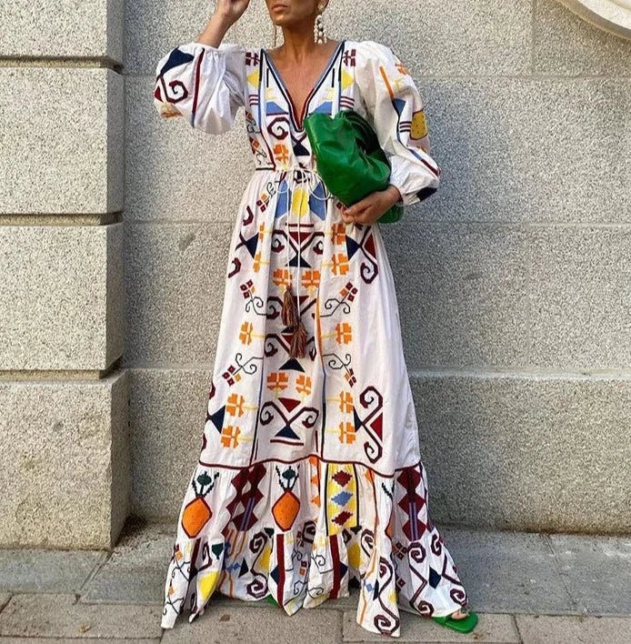 Printed V-Neck Lantern Sleeve Tassel dresses