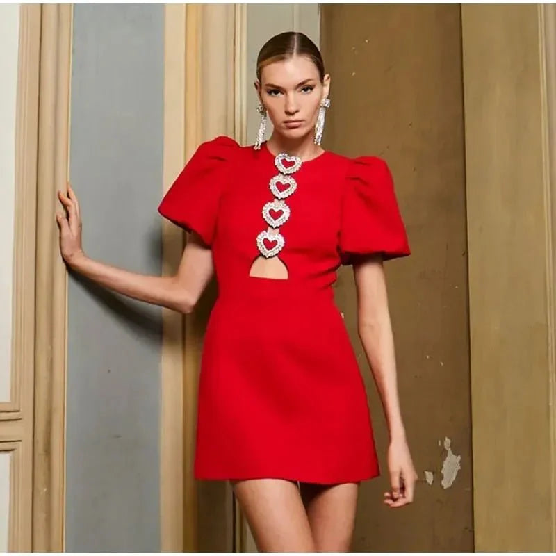 Puff Short Sleeve Slim Fit Red Mini Dress