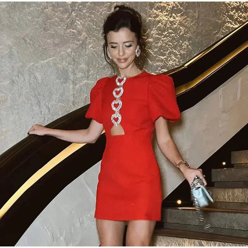 Puff Short Sleeve Slim Fit Red Mini Dress