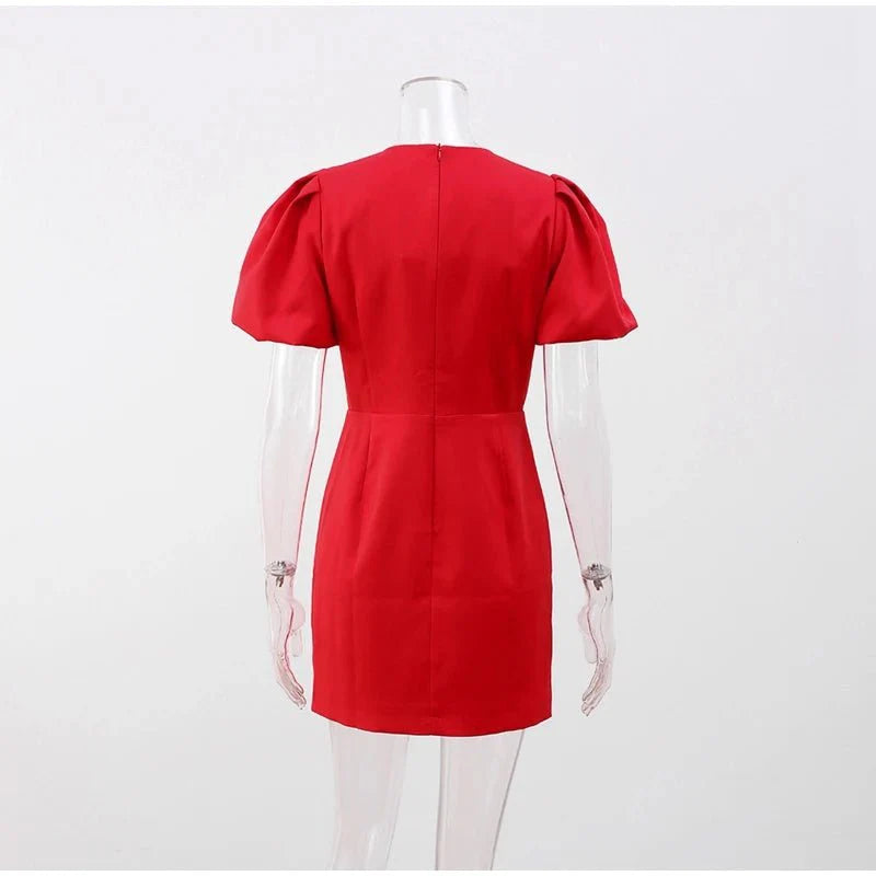 Puff Short Sleeve Slim Fit Red Mini Dress