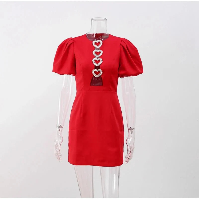 Puff Short Sleeve Slim Fit Red Mini Dress