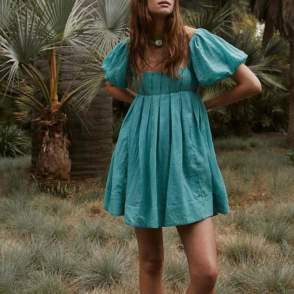 Puff Sleeve Square Neck A-Line Mini Dress