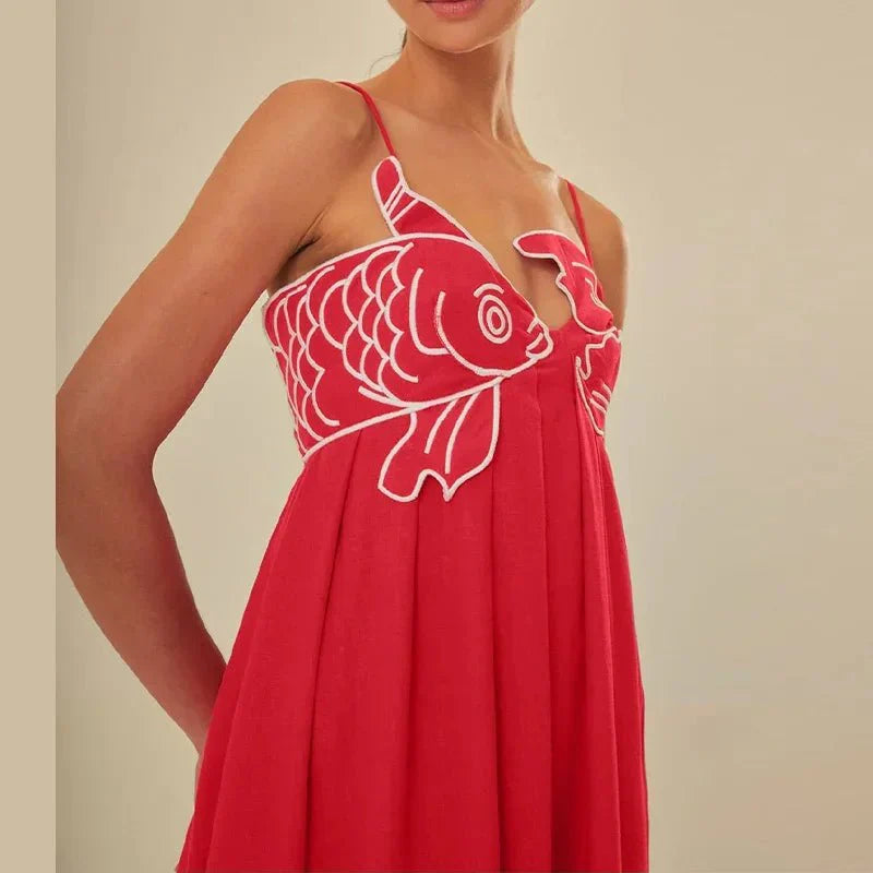 Red Fish Print Maxi Dress