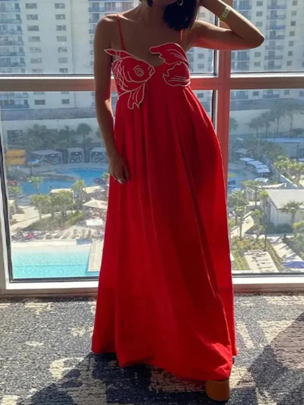 Red Fish Print Maxi Dress