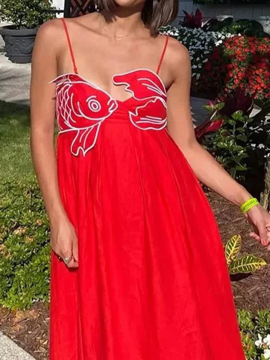Red Fish Print Maxi Dress