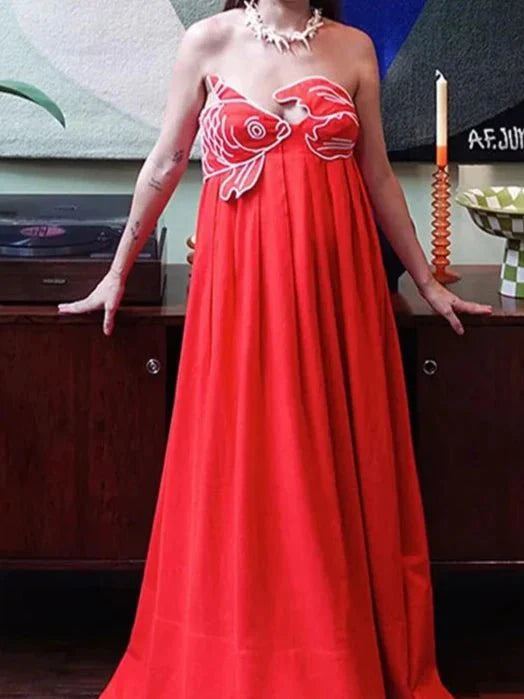 Red Fish Print Maxi Dress