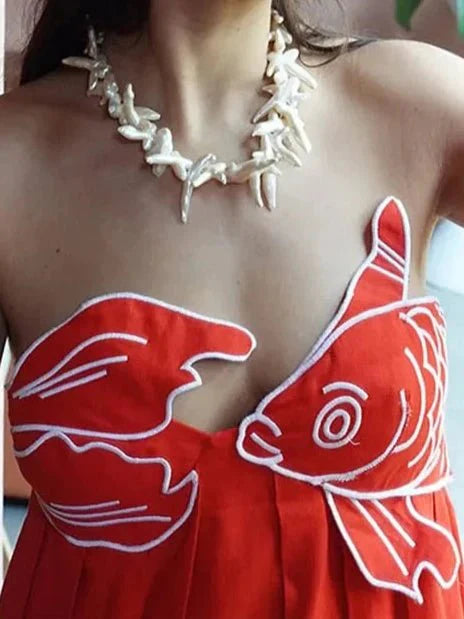 Red Fish Print Maxi Dress