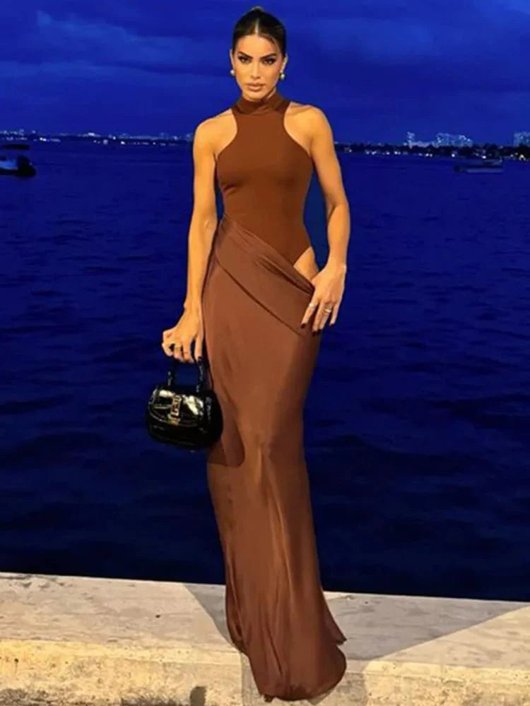 Satin Sexy Hollow Out Maxi Dress