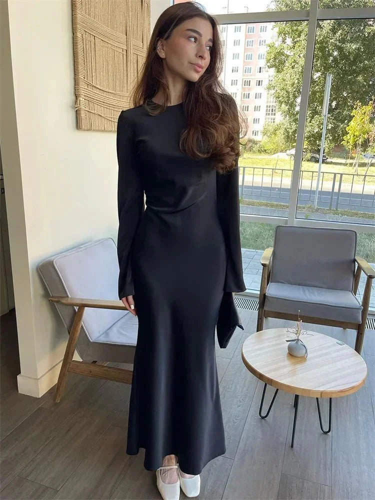 Satin Slim Long Sleeve High Waist Solid Party Dress