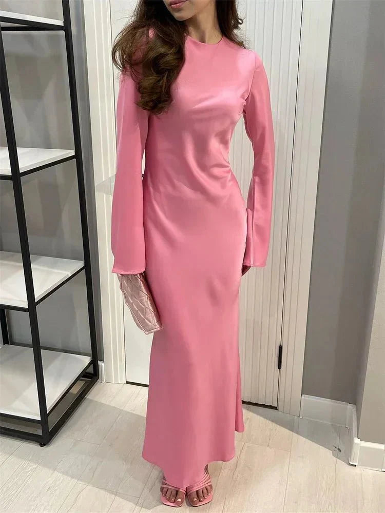 Satin Slim Long Sleeve High Waist Solid Party Dress