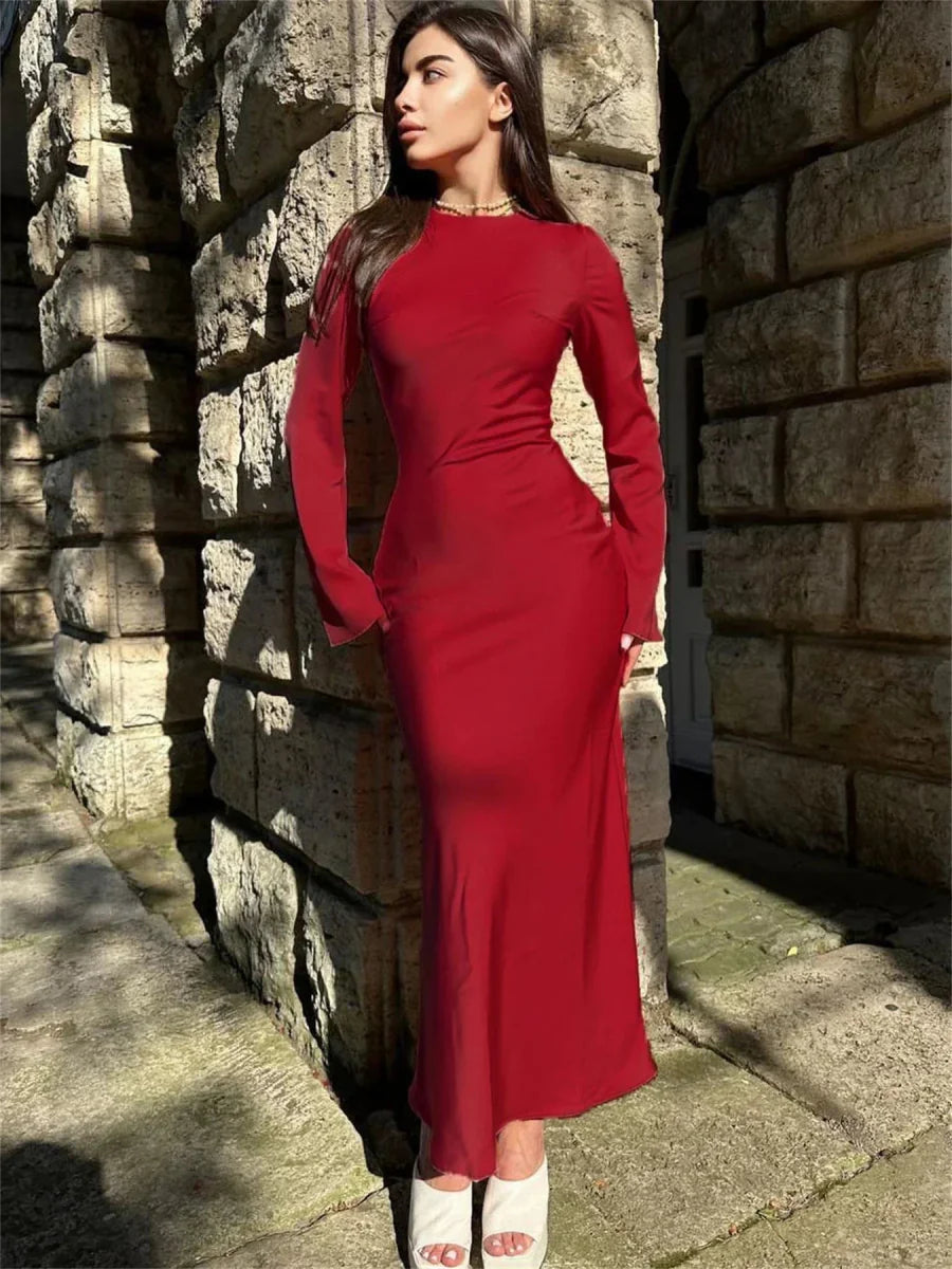 Satin Slim Long Sleeve High Waist Solid Party Dress