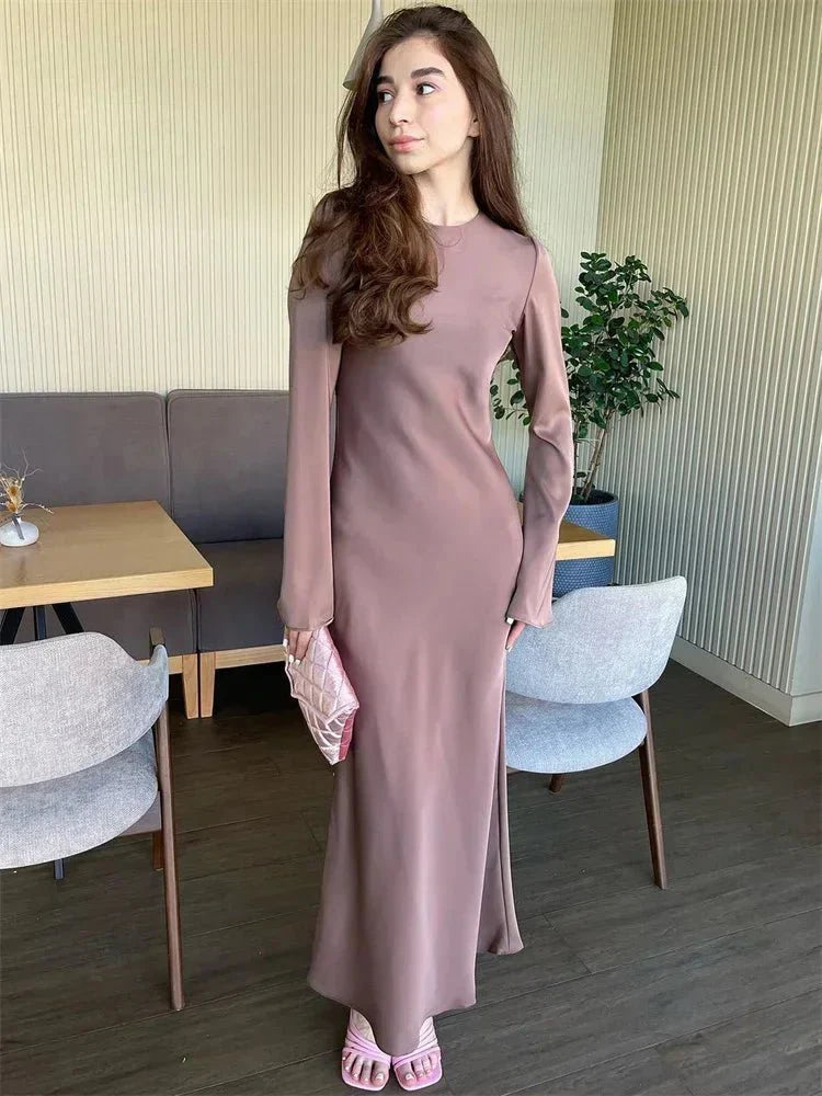 Satin Slim Long Sleeve High Waist Solid Party Dress