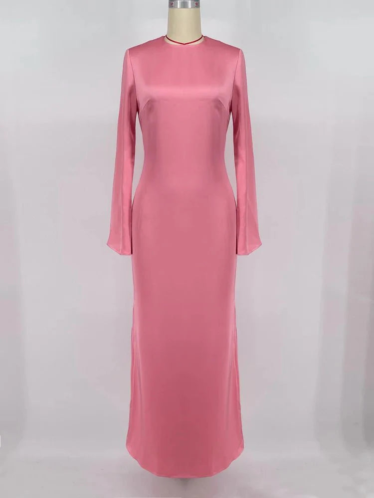 Satin Slim Long Sleeve High Waist Solid Party Dress