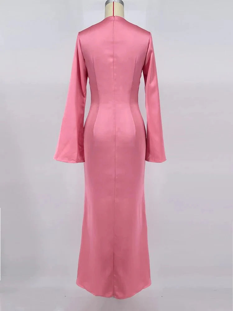 Satin Slim Long Sleeve High Waist Solid Party Dress