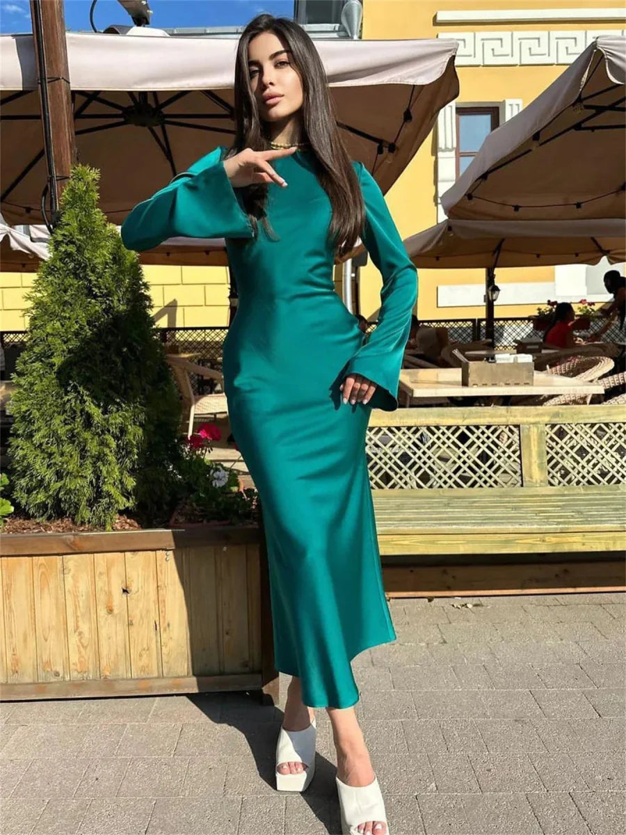 Satin Slim Long Sleeve High Waist Solid Party Dress