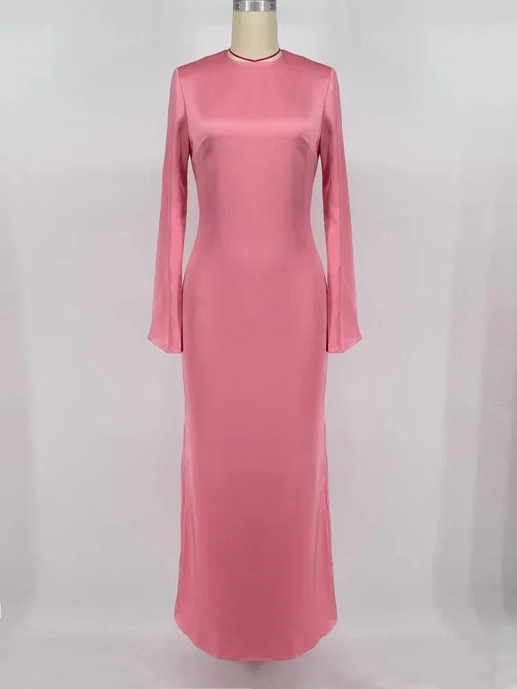Satin Slim Long Sleeve High Waist Solid Party Dress