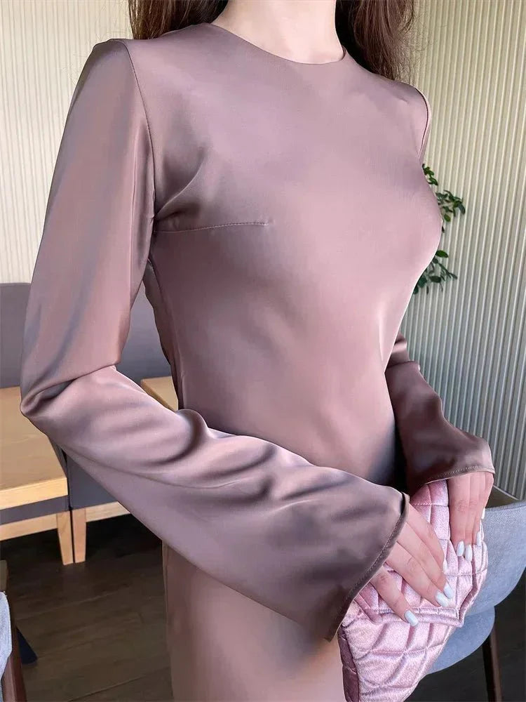 Satin Slim Long Sleeve High Waist Solid Party Dress