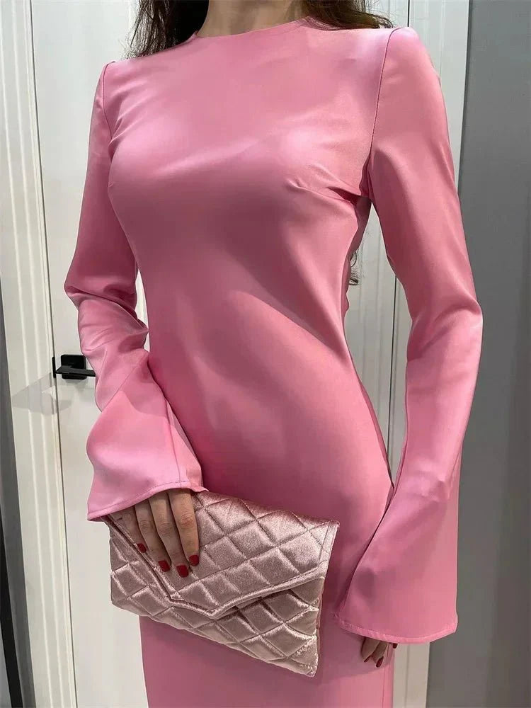 Satin Slim Long Sleeve High Waist Solid Party Dress