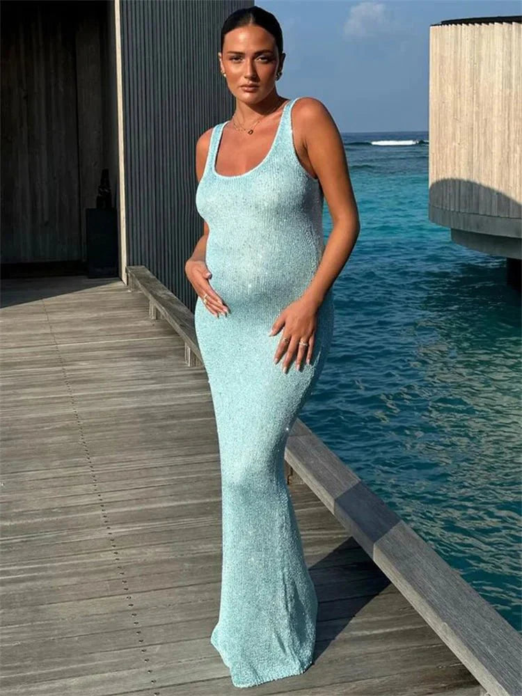 Sequin Slim Scoop Neck Maxi Dress
