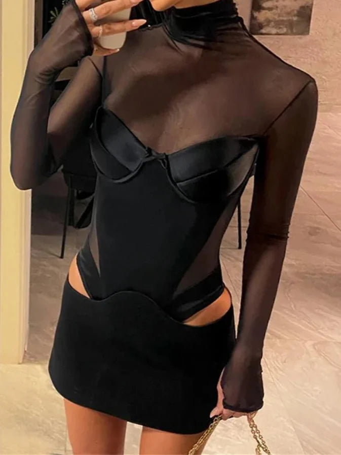 Sexy Cut-Out Mesh Patchwork Mini Dress for Women
